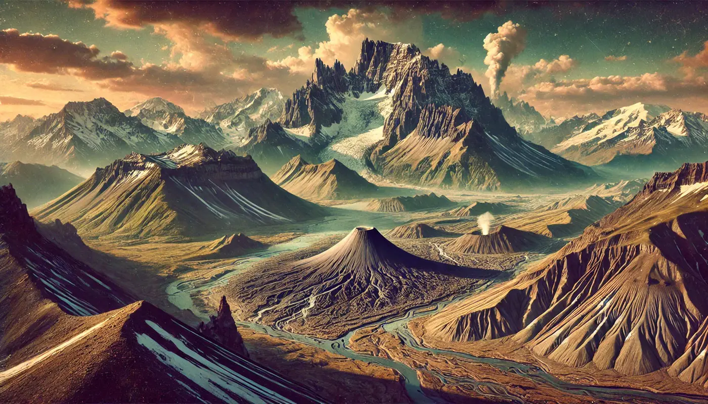Paysage alpin moderne avec des volcans en arrière-plan
