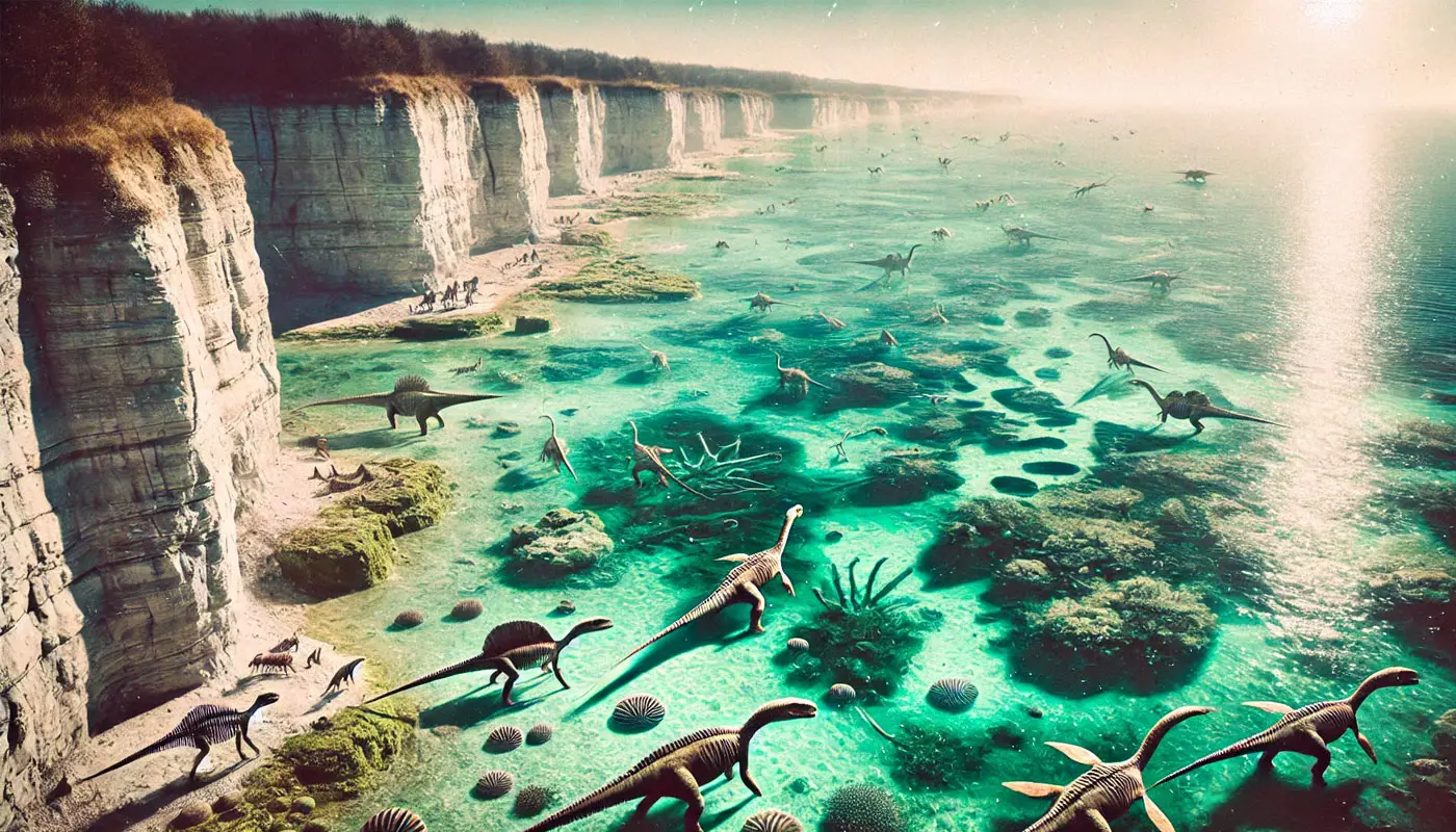Paysage marin du Mésozoïque avec des dinosaures marins et des formations rocheuses calcaires