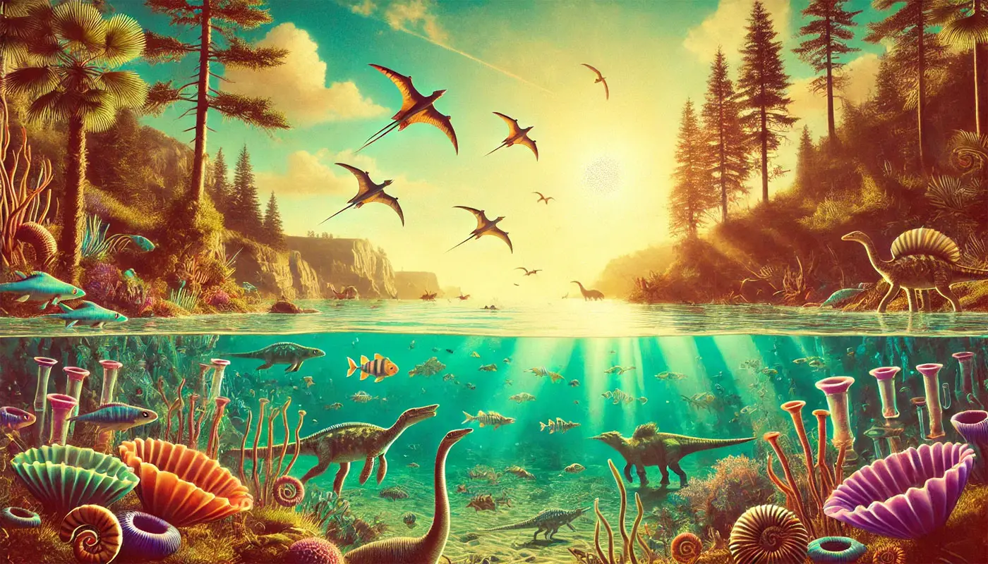 Paysage marin tropical du Mésozoïque avec des reptiles marins et des dinosaures sur une côte lointaine