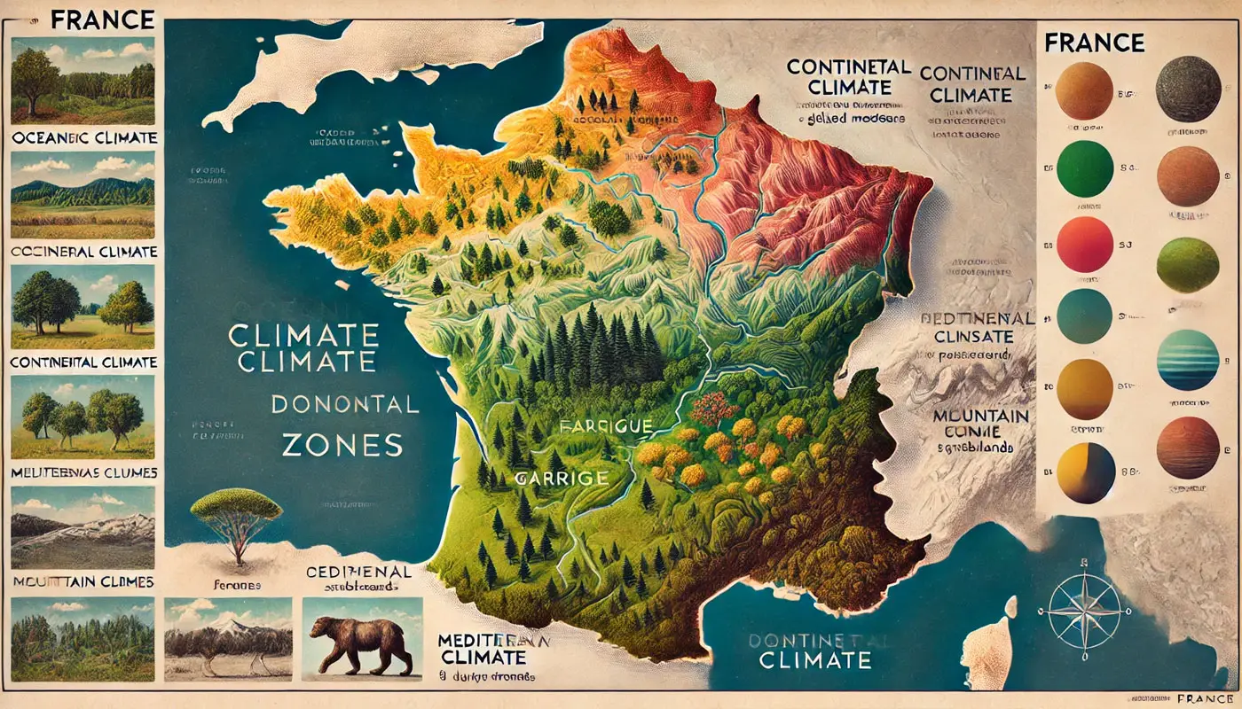 Carte climatique simplifiée de la France avec les biomes associés.