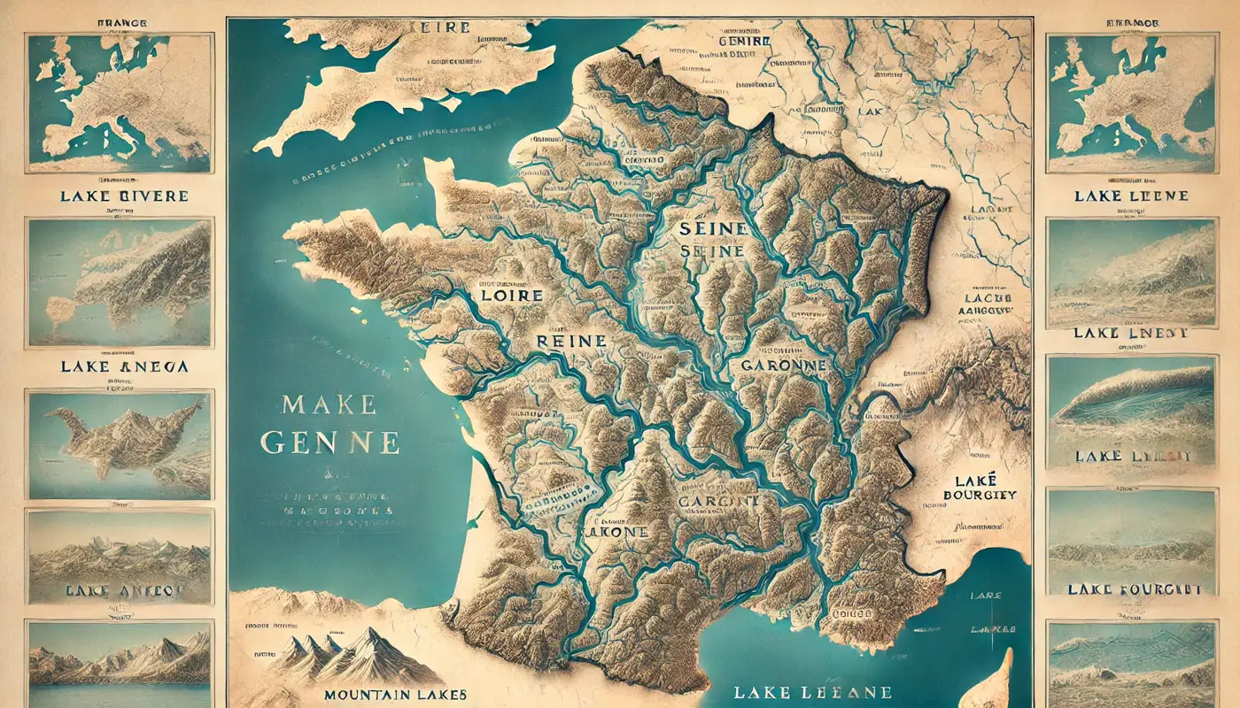 Carte hydrographique de la France avec les principaux fleuves et lacs glaciaires.