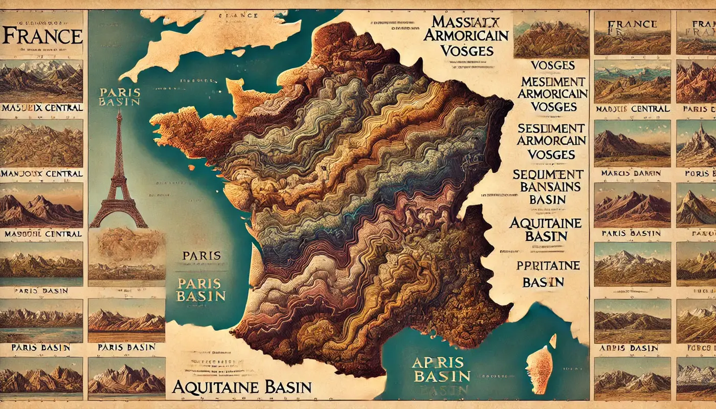 Carte géologique simplifiée de la France avec les grands ensembles de reliefs et roches.