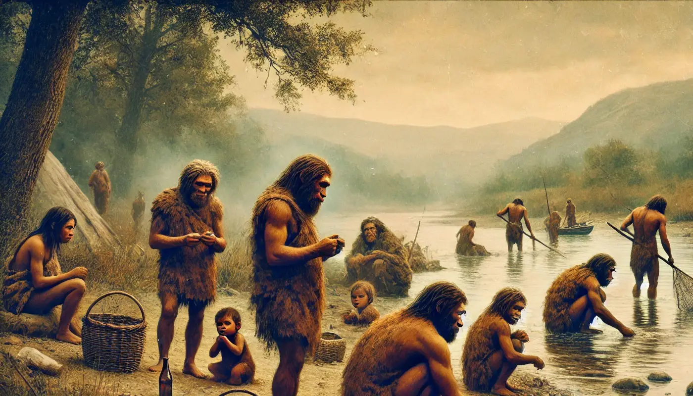 Reconstitution artistique de premiers homininés ou Néandertaliens dans un paysage européen glaciaire ou tempéré.