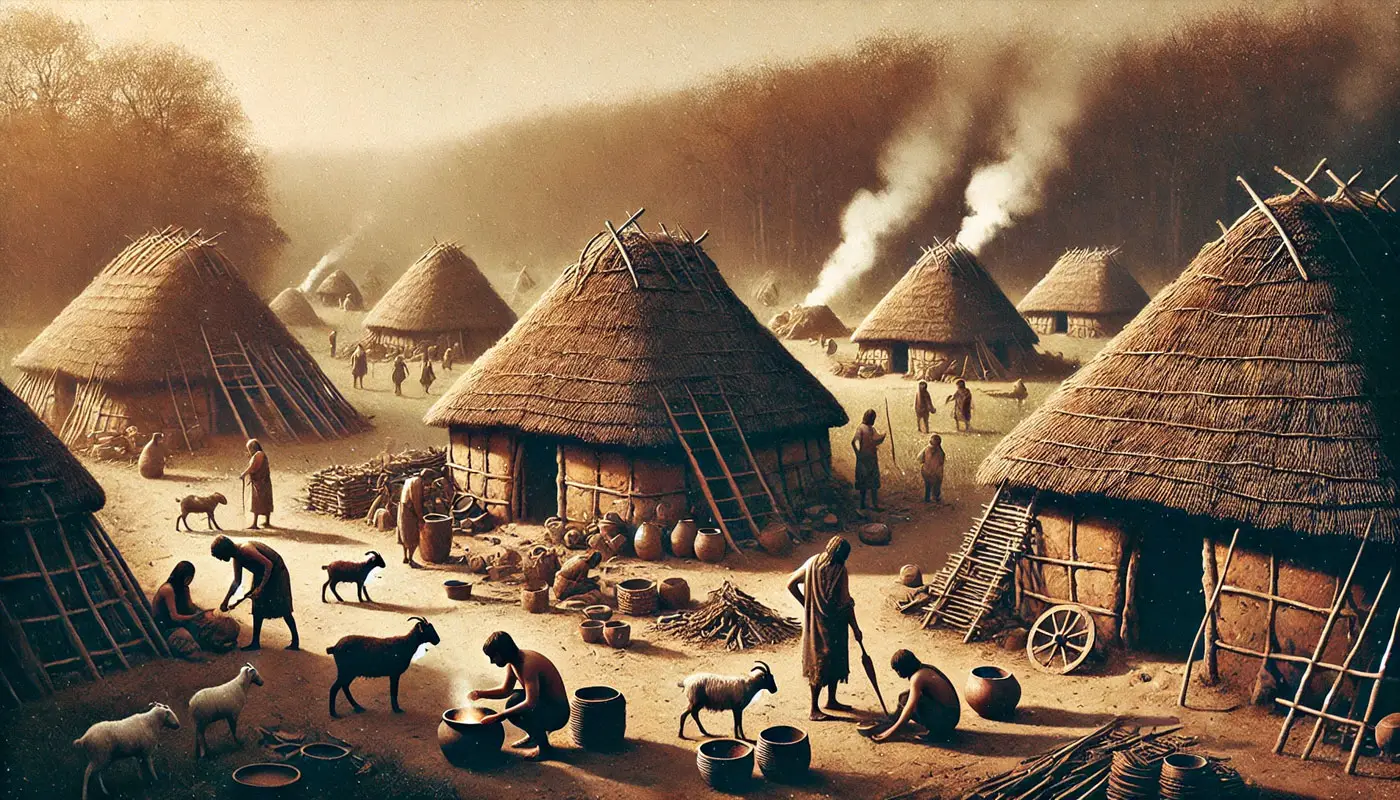 Reconstitution d'un village néolithique ou d'un atelier de métallurgie de l'âge du Bronze, avec des outils et des structures d'habitat.