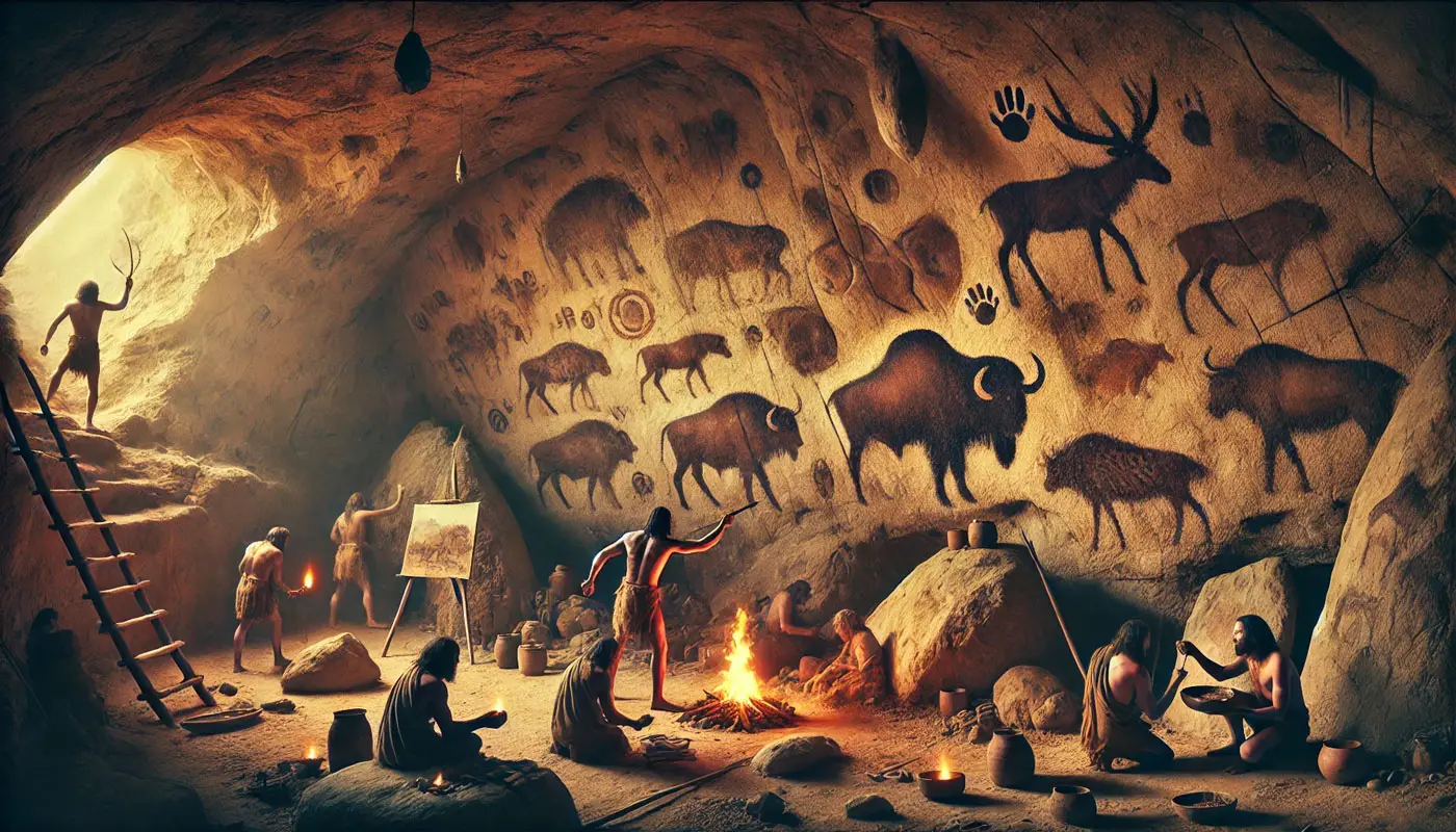 Représentation de l'art pariétal dans une grotte préhistorique, avec des figures animales stylisées et des mains positives ou négatives.
