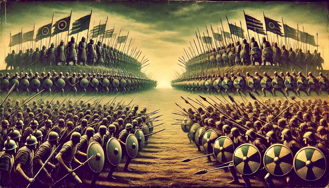 Représentation d'une scène de bataille entre légions romaines et guerriers gaulois, avec Vercingétorix au premier plan et Jules César en arrière-plan.