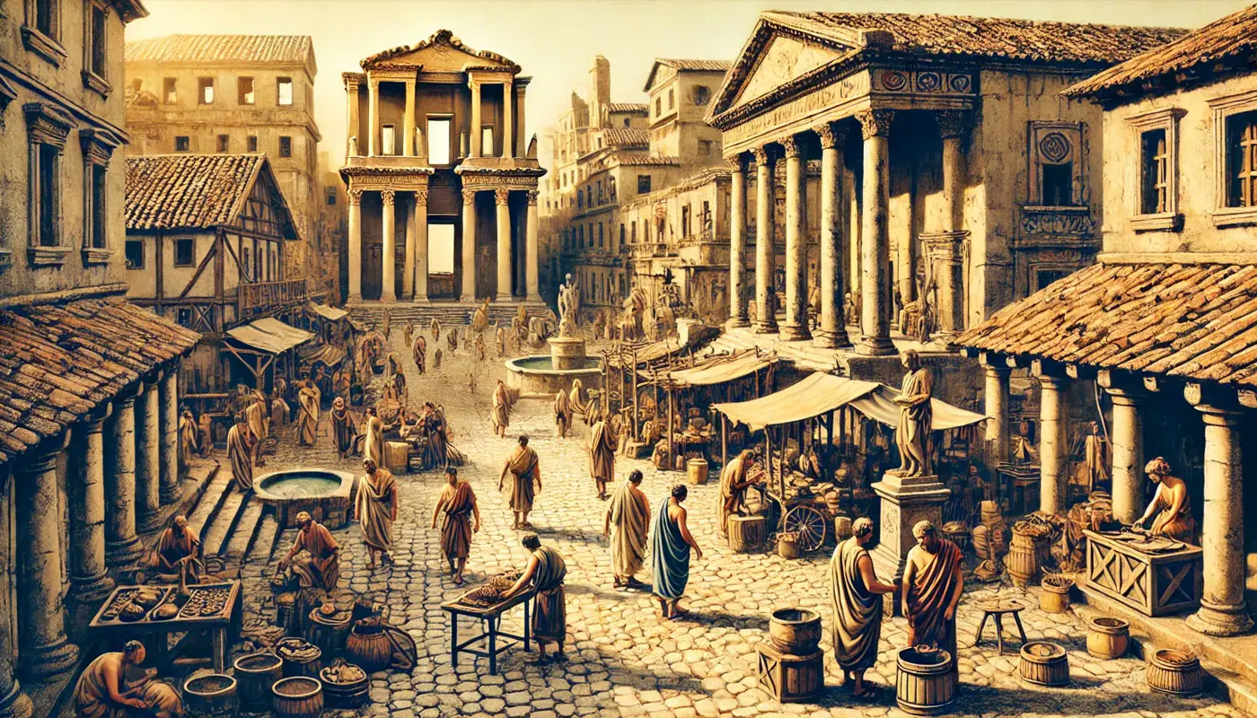 Représentation d'une scène de vie dans une ville gallo-romaine, avec un forum animé, des citoyens en toges et des temples romains, symbolisant la romanisation.