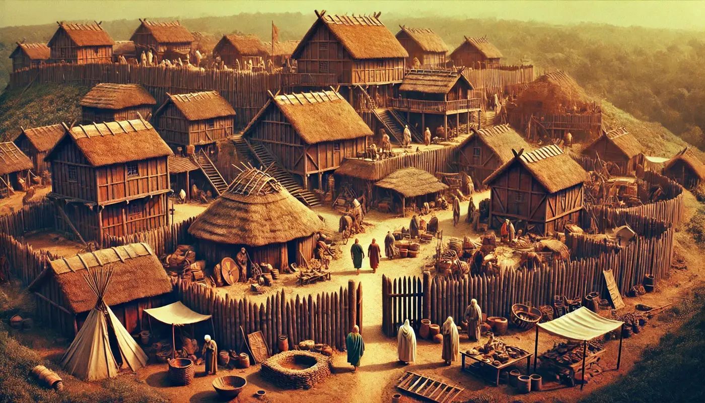 Représentation d'un oppidum gaulois animé, avec des remparts, des artisans au travail, des guerriers et des druides, symbolisant la civilisation celtique.