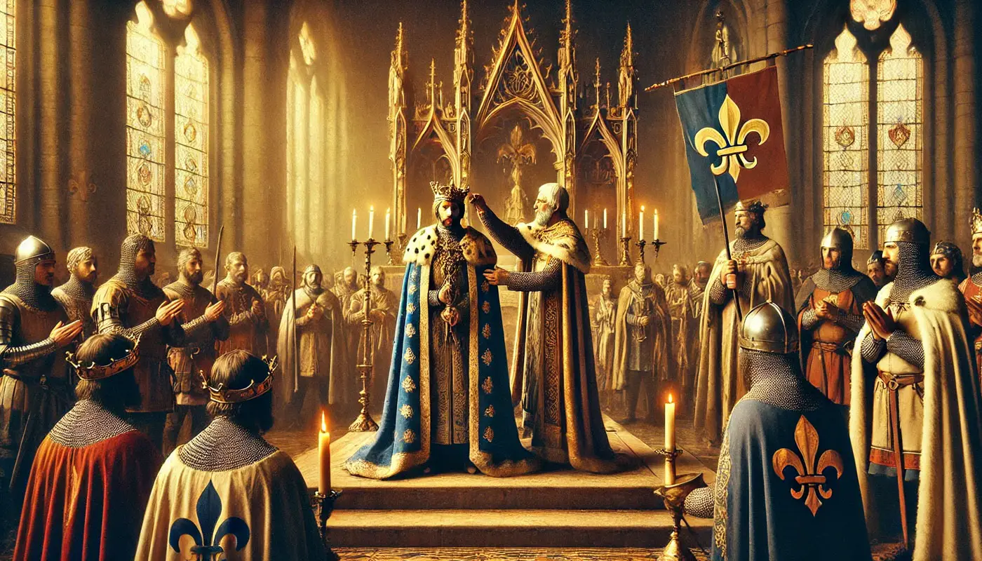 Représentation d'Hugues Capet couronné, avec des seigneurs féodaux autour de lui et les symboles du royaume de France naissant.