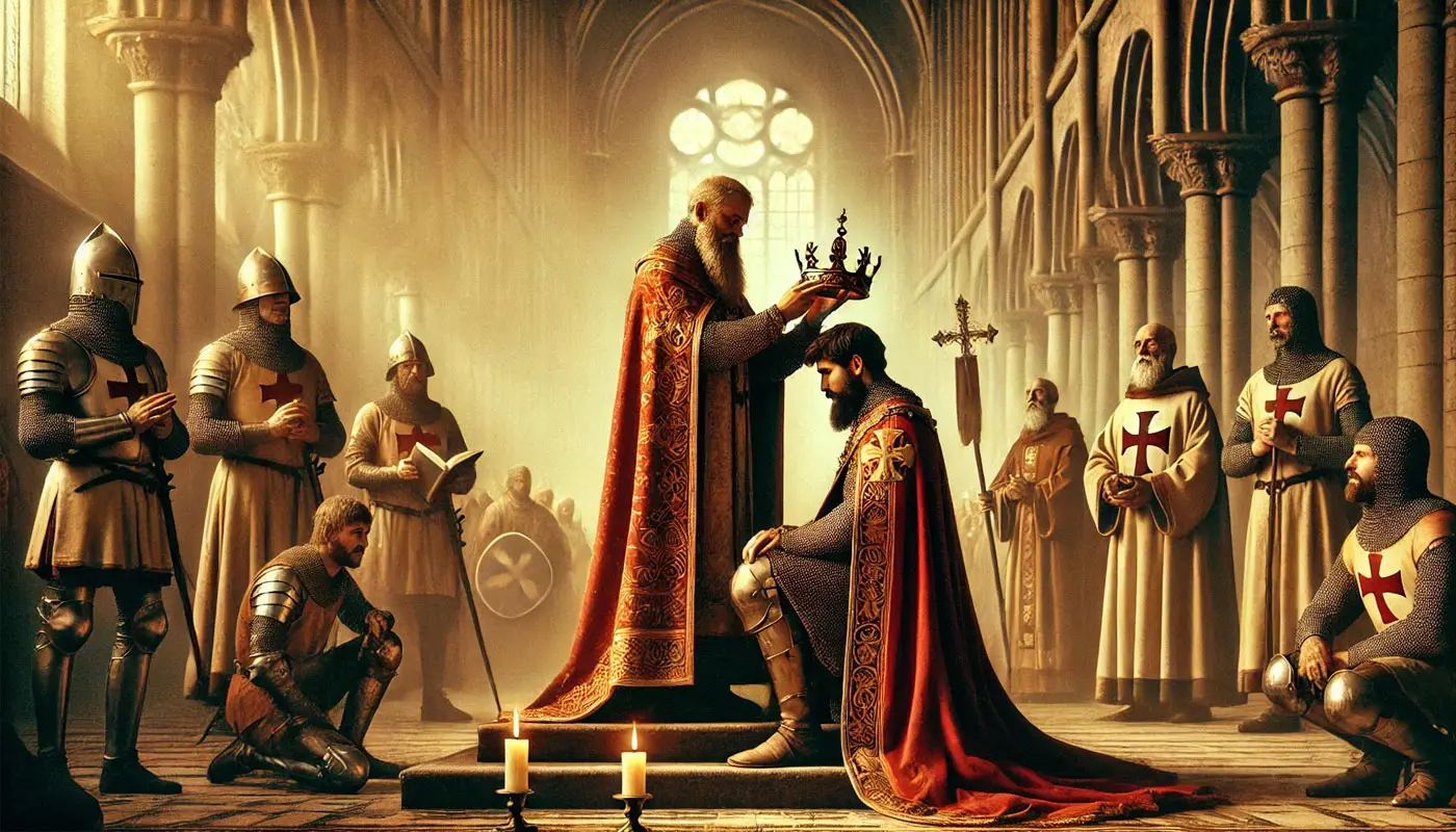 Représentation de Charlemagne couronné empereur par le Pape, avec des clercs et des guerriers, symbolisant l'alliance du pouvoir temporel et spirituel.