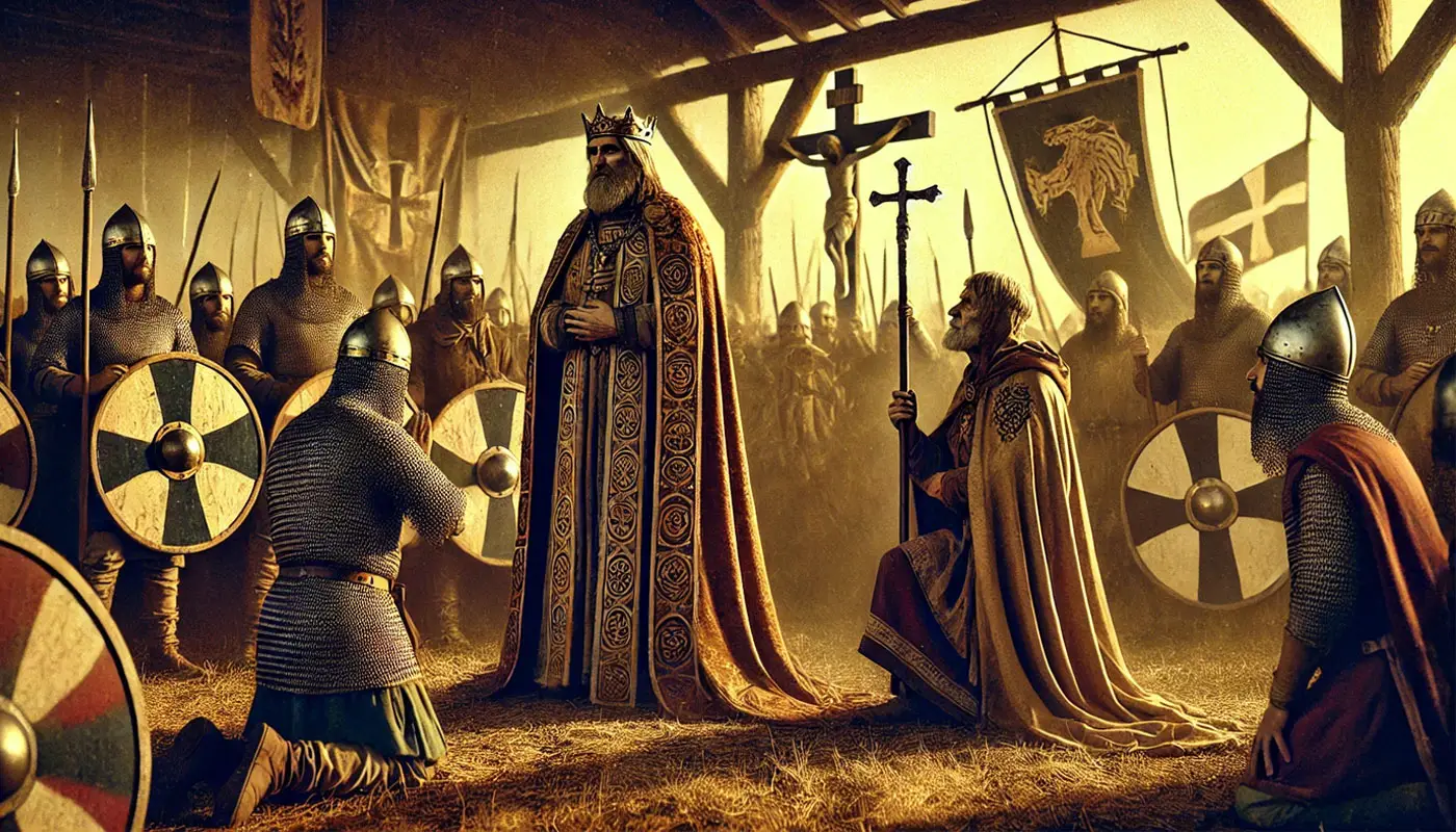 Représentation de Clovis recevant l'hommage des chefs francs après sa victoire, avec des éléments symbolisant sa conversion au christianisme.